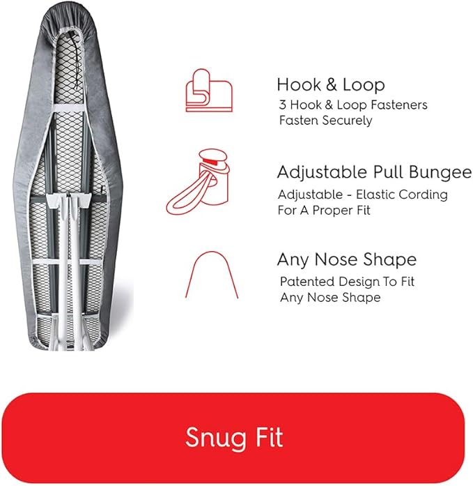 TIVIT Ironing Board Cover 12 x 44, Made in Italy. Pro Grip Pad Covers w/3 Fastener Straps & Pull Bungee Cord - Durable Scorch & Stain Resistant Padded Layers, Heat Reflective AlumiTek PRO Top Coat