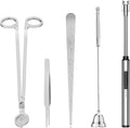 5 in 1 Candle Accessory Set,Candle Wick Trimmer Cutter,Candle Wick Dipper,Candle Wick Snuffer,Rechargeable Candle Lighter,Tweezers,Stainless Steel Candle Care Kit Home Gift for Aromatherapy(Silver)