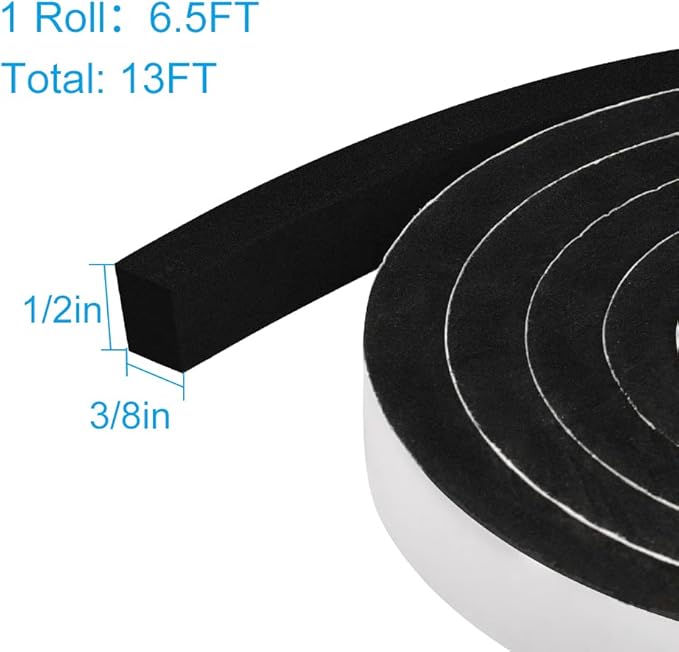 Weather Stripping Door Seal, 1/2 Inch Wide X 3/8 Inch High Density Foam Tape Weather Strip for Door and Window Insulation, Single Side Door Sealer Total 13FT