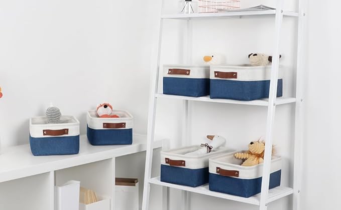 DULLEMELO Small Storage Bin,Small Fabric Rectangular Storage Basket for Shelves,Collapsible Bin for Toy and Clothes Storage (White&Blue,1 Pack)