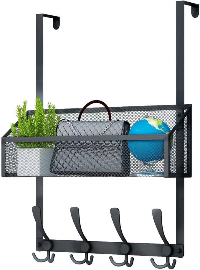 Over The Door Hooks Organizer, Coat Rack Over The Door Storage Hanger Towel Rack, Back of Door Storage Organizer for Bathroom,Bedroom,Kitchen,Office (Black 2-Tier)