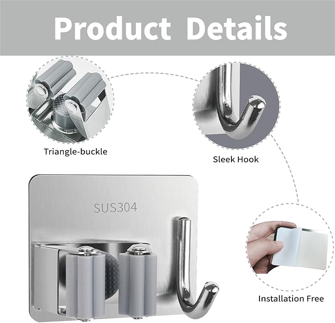 5 Pack Mop and Broom Holder Wall Mount, Silver Stainless Steel Mop and Broom Hanger with Hooks, Mop Broom Organizer for Closet Laundry Garage Garden Tool Organizer