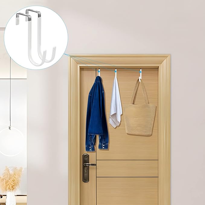 FYY Over The Door Hooks, 4 Pack Hangers Hooks with Rubber Prevent Scratches Heavy Duty Organizer for Living Room, Bathroom, Bedroom, Kitchen Hanging Clothes, Towels, Hats, Coats, Bags White