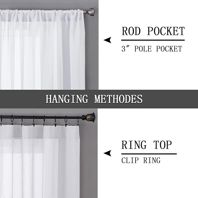 Tollpiz Sheer Curtains Linen Textured Living Room Curtain Sheers Light Filtering Rod Pocket Voile Curtains for Bedroom, 42 x 63 inches Long, White, Set of 2 Panels