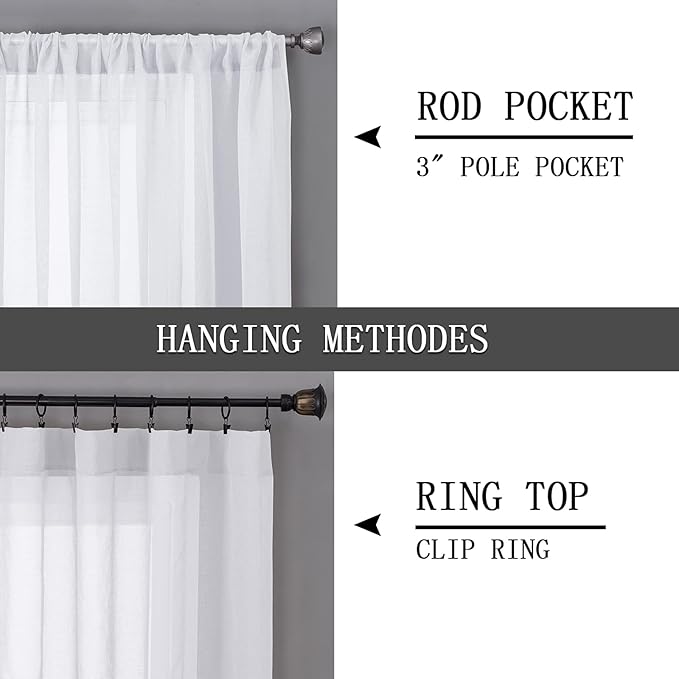 Tollpiz Sheer Curtains Living Room Linen Textured Curtain Sheers Light Filtering Voile Rod Pocket Curtains for Bedroom, 38 x 63 inches Long, White, Set of 2 Panels