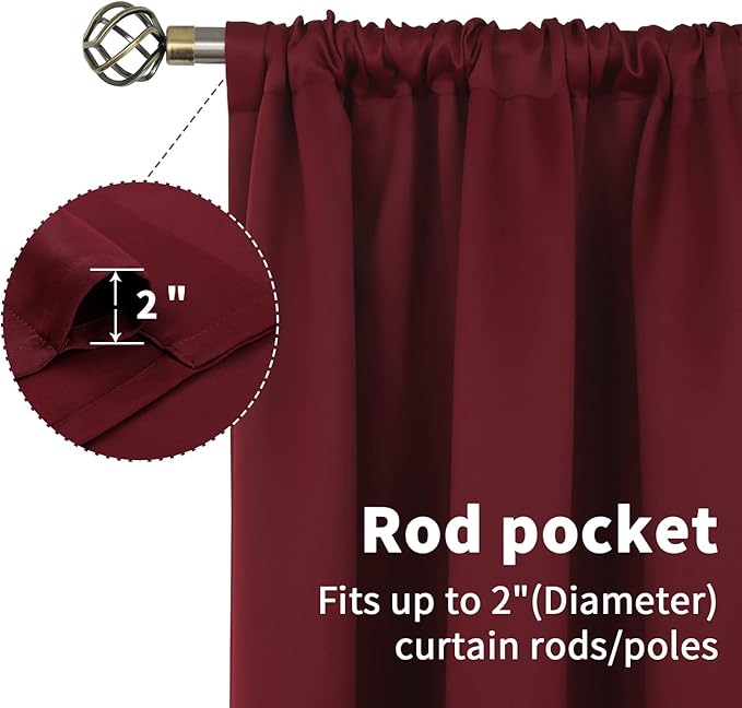 BGment Short Burgundy Blackout Curtains 45 Inches Length - Rod Pocket Thermal Insulated Room Darkening Window Drapes for Bedroom Kitchen Christmas Decorative, 42 x 45 Inch, 2 Panels