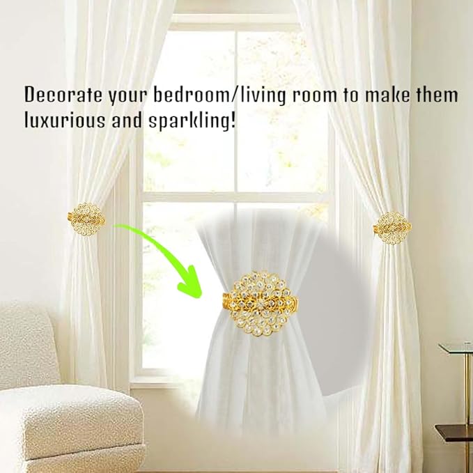 2 Pack Crystal Flower Curtain Tiebacks – Decorative Spring Wire Buckle Clips with Sparkling Rhinestone Flower Design, No Drilling, Easy Fit for Drapes & Sheers