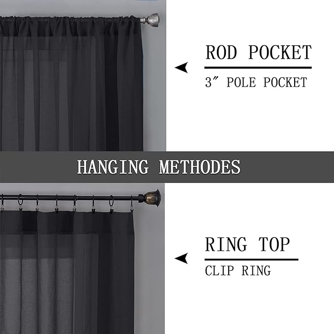 Tollpiz Short Sheer Tier Curtains Linen Textured Half Kitchen Curtain Sheers Light Filtering Rod Pocket Voile Small Curtain for Bathroom, 25 x 24 inches Long, Black, Set of 2 Panels