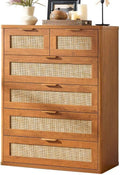 LEYAOYAO Rattan Dresser for Bedroom, 42" Tall Chest of Drawers, Modern 6 Drawers Boho Dressers with Storage, Vintage Brown Dresser Wooden Closet Organizer for Living Room, Hallway
