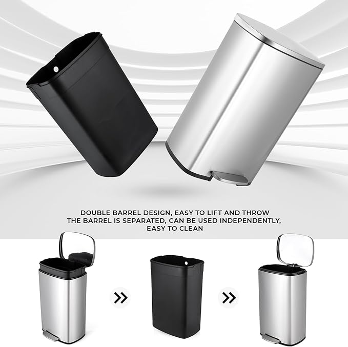 13.2 Gal Kitchen Trash Can, 50L Recycling or Garbage Bin, Brushed Stainless Steel Waste Basket, Soft&Quiet Close Dustbin, with Step-On Pedal, Removable Inner Bucket, for Home, Office, LIving Room