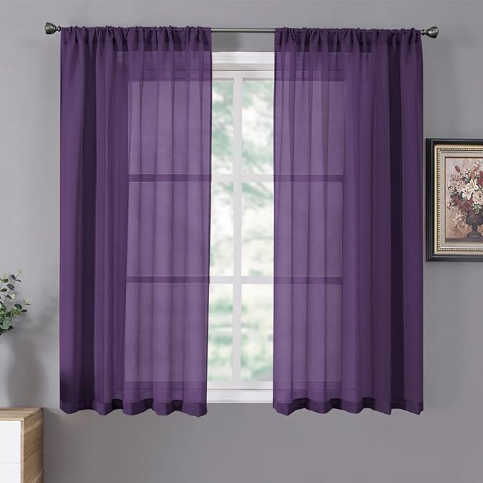 Tollpiz Short Sheer Curtains Living Room Linen Textured Curtain Sheers Light Filtering Voile Rod Pocket Curtains for Bedroom, 38 x 45 inches Long, Royal Purple, Set of 2 Panels