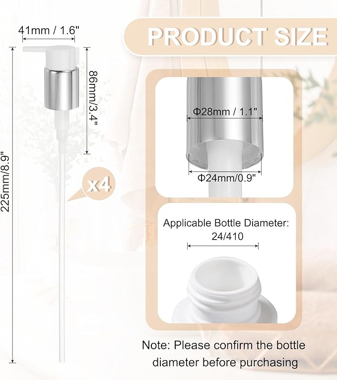 uxcell 4 Pcs Soap Dispenser Pump Heads, Hand Soap Dispensers Top Pumps Replacement Clip-on Pumphead for Standard 24/410 Neck Size Bathroom Lotion Shampoo Bottle, Silver White