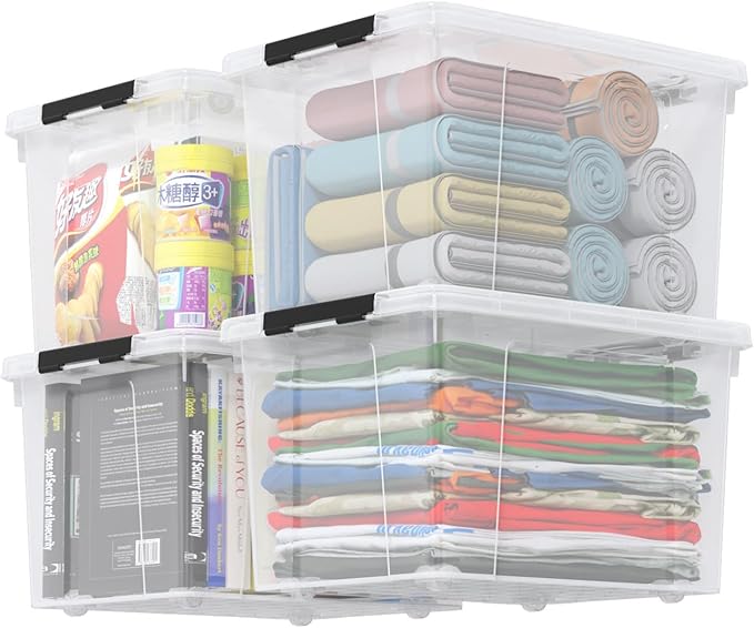 Zopnny 24 Quart Clear Plastic Storage Bin with Lid, Stackable Organizer Latch Box Tote for Home, Garage, School, and Office, 4-Pack