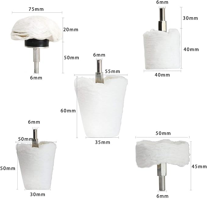 Polishing Pad Buffing Wheel Kit White Flannelette 5 Pack, Polisher Tools Fit for Metal Aluminum Stainless Steel Chrome Wood Plastic Ceramic Glass Woods Fabric Cotton Machine Jewelry etc