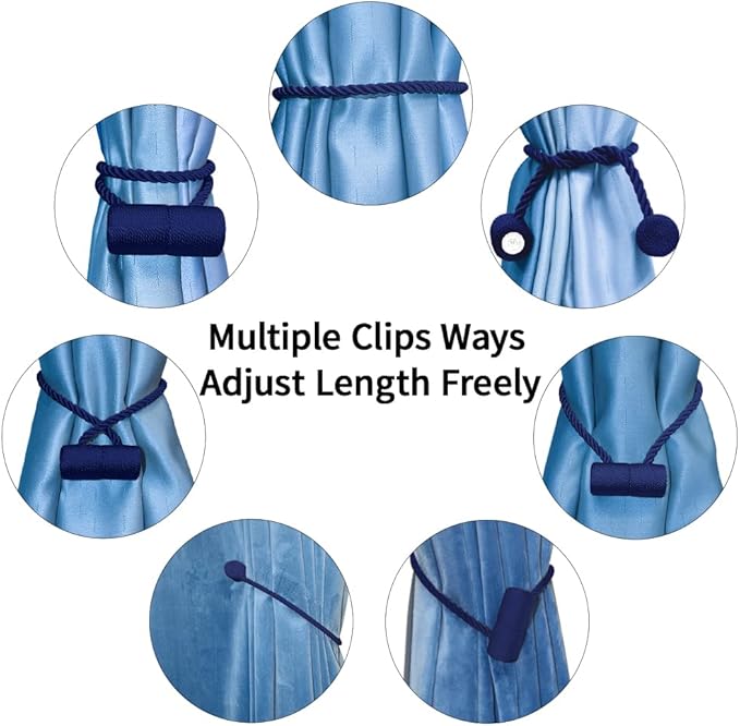 18 Inch Strong Magnetic Curtain Tiebacks, Curtain Holdbacks Modern Upgrade Strong 2021 New Twisted Style Decorative Drapery Rope Tie Backs(4 Pack Navy Blue)
