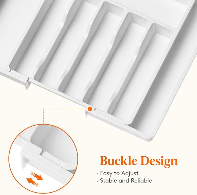Lifewit Silverware Drawer Organizer and Utensil Organizer Set, Expandable Cooking Cutlery Tray for Kitchen, Adjustable Plastic Flatware Holder Storage Divider for Spoons Forks Knives, Large, White