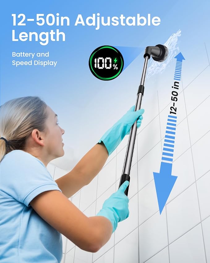 Leebein Electric Spin Scrubber, 2025 Upgraded Cordless Cleaning Brush Scrubber, IPX7 Waterproof Power Scrubber with 7 Brush Heads, Extended Handle and 2 Speeds for Bathroom Shower Bathtub Floor