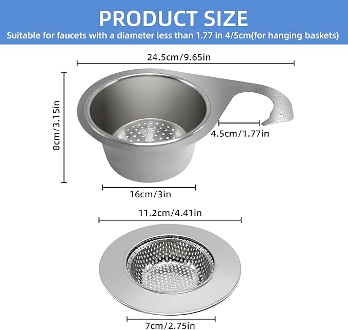 Stainless Steel Drainage Basket, Corner Sink Filter Basket,4.5-inch Sink Drainage Filter and Faucet Hanging Stainless Steel Drainage Basket, Kitchen Sink Drainage Filter, Sink Drainage Filter（2Pcs）