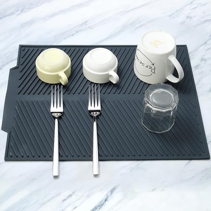 Silicone Dish Draining Mat, Eco Friendly Dish Drying Mat Kitchen Counter Anti-Skid and Heat Insulation Pad, Sink Drainer Mat with Dense Drainage Grooves (L (20"×16"))