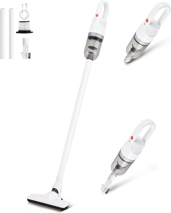 6-in-1 Lightweight Stick Vacuum Cleaner with 100W Powerful Motor, Mini Portable Household Handheld Vacuum Cleaner for Domestic Hard Floors, Carpets and Pet Hair (White Cordless Without Plug)