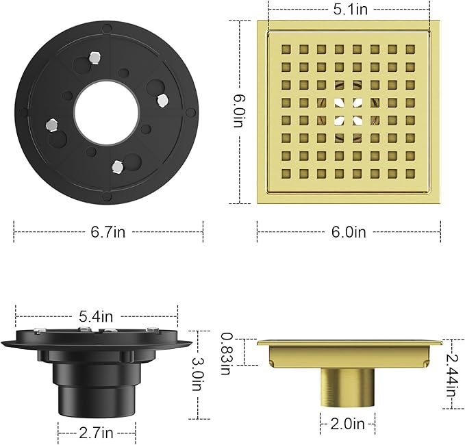 Shower Drain Brushed Gold 6 Inch, Square Floor Drain, Stainless Steel Drain Kit with Flange, Removable Grid Cover, Hair Strainer