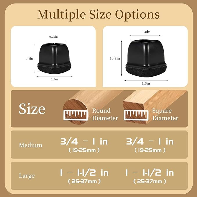 Square Chair Leg Floor Protectors Medium 24Pcs,Silicone Chair Leg Protectors for Hardwood Floors/Tiles,Black 360°Wrapped Felt Bottom to Prevent Scratch and Reduce Noise
