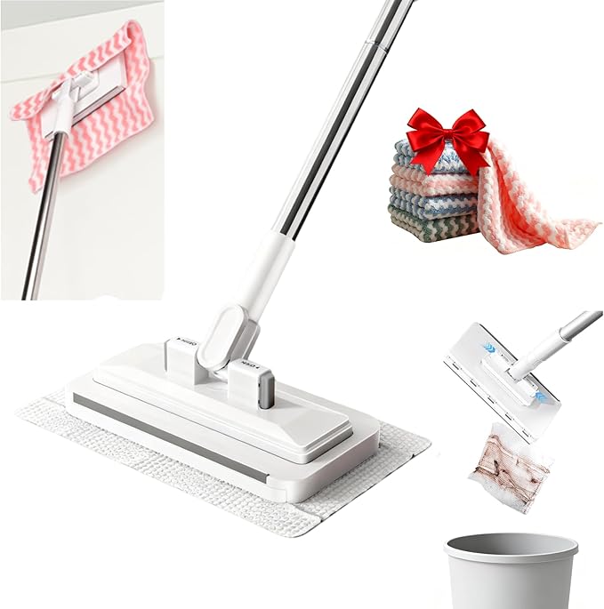 2025 New Mini Sweeper Mop No-Touch Dirty Cleaning Flat Dust Mop for Dry Wet Disposable Pads, Multi Surface Mops for House Wall Bathroom Toilet Corners (Disposable Dust Mop with 5 Clothes)
