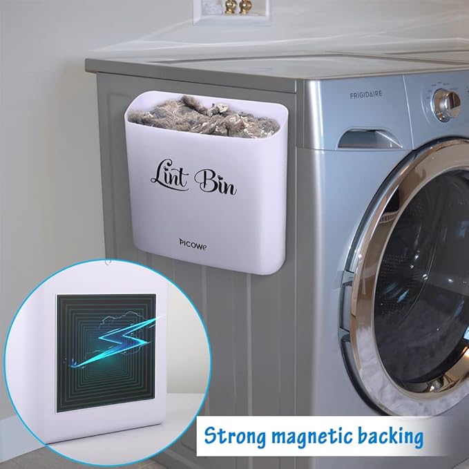 Picowe Magnetic Laundry Storage, Large Lint Holder Bin for Laundry Room, Space-Saving Trash Container Hanging on Dryer, Washer or Wall Mount (Gray White)