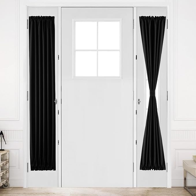 DWCN French Door Curtains – Rod Pocket Thermal Blackout Curtain for Window/Patio Doors/Doorways/Classroom/Kitchen for Privacy, 12W by 72L Inches, 1 Panel with Tieback, Black