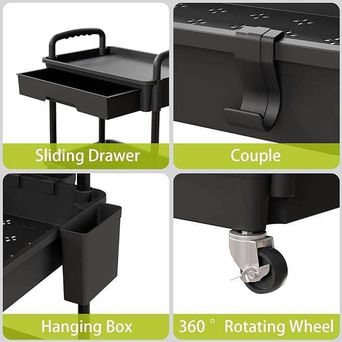 4 Tier Rolling Cart Organizer,Art Craft Diaper Bedside Snack Laundry Room Bathroom Organizer Narrow Thin Slim Rolling Trolley Utility Cart with Wheels for Kitchen,Office(Black)