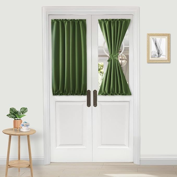 DWCN French Door Curtains – Rod Pocket Thermal Blackout Curtain for Doors with Glass Window, Kitchen and Patio Doors for Privacy, 25 X 40 Inches Long, 1 Curtain Panel with Tieback,Olive Green
