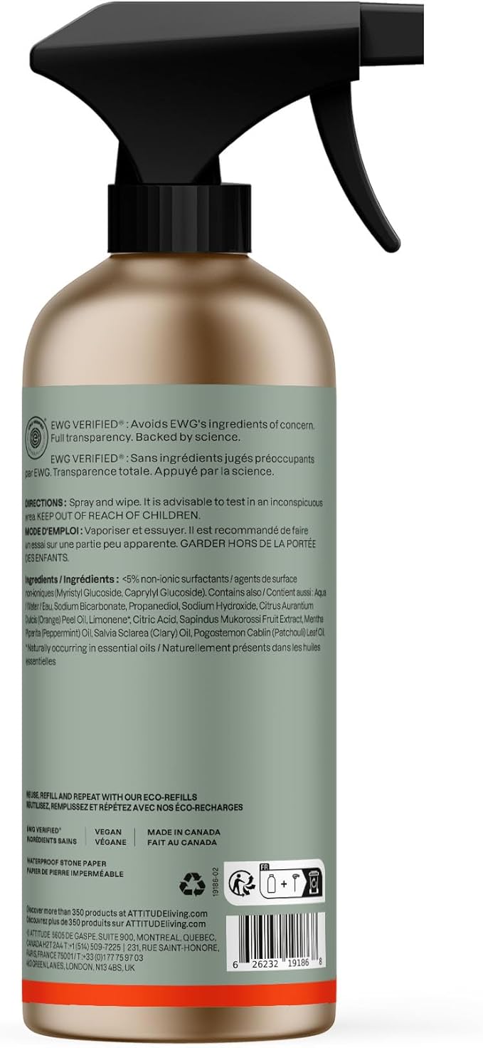 ATTITUDE All Purpose Cleaner, EWG Verified Multi-Surface Products, Vegan, Naturally Derived Multipurpose Cleaning Spray, Orange and Sage, 16 Fl Oz