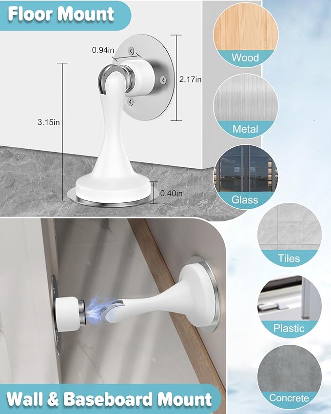 Magnetic Door Stoppers Door Catch - 1 Pack Stainless Steel Heavy Duty Door Stops for Bottom of Door, Wall & Floor Mounting No-Drill Strong Adhesive & Screws, Strong Door Holder to Keep Door Open