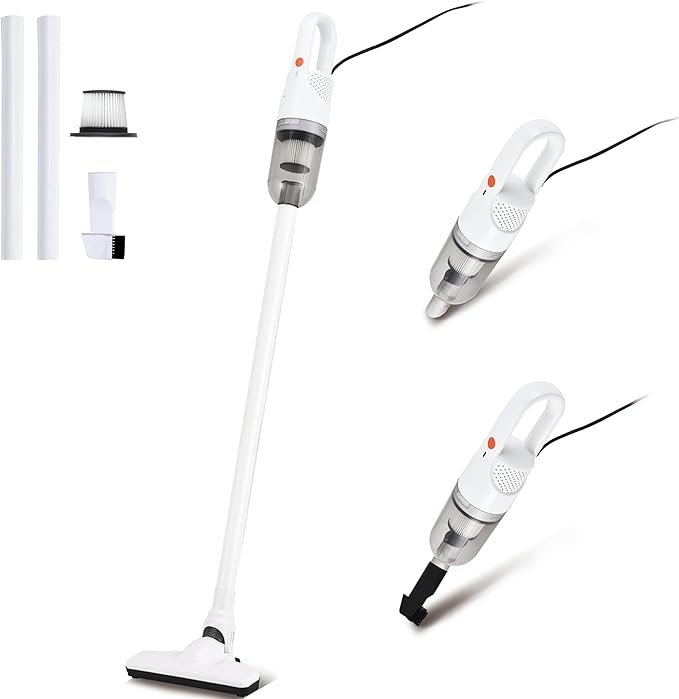 6-in-1 Lightweight Stick Vacuum Cleaner with 100W Powerful Motor, Mini Portable Household Handheld Vacuum Cleaner for Domestic Hard Floors, Carpets and Pet Hair(White Corded)