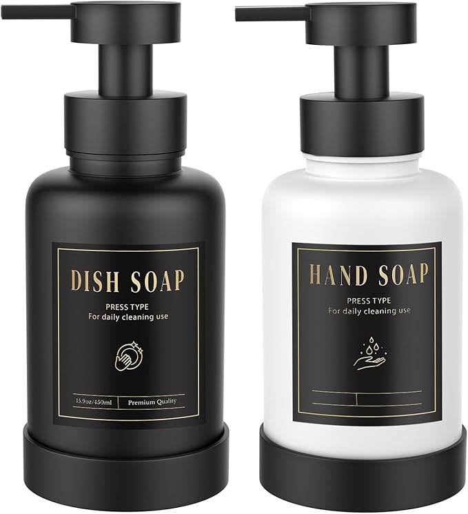 Luxspire Foaming Soap Dispenser, Glass Foam Pump Soap Dispenser, Non-Slip Silicone Sleeve & 5 Waterproof Labels, 15 Oz Refillable Liquid Bottle for Bathroom & Kitchen, Black+White, 2 Pack