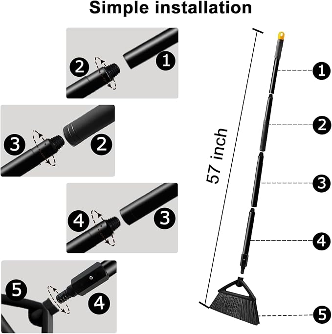 4PCS Heavy Duty Angle Broom, Long Pole Brooms for Indoor, Outdoor Sweeping, Kitchen to Courtyard, Black