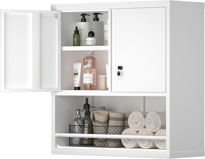 Metal Wall Storage Cabinet, Steel Storage Cabinets with Locking Doors and Shelves, Hanging Cabinet with Guard Bar, Ideal for Kitchen, Laundry, Home Office