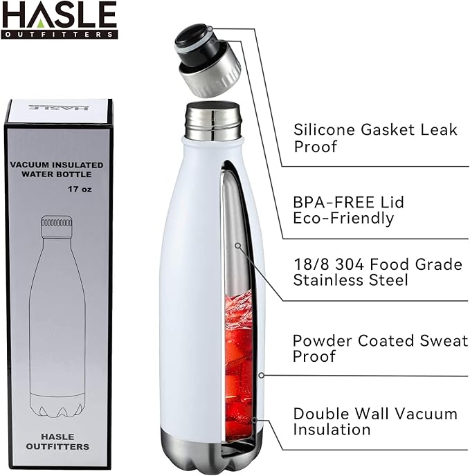 HASLE OUTFITTERS 17oz Stainless Steel Water Bottles, Vacuum Insulated Water Bottles Double Walled Powder Coated Reusable Metal Sports Water Bottles Keep Drinks Hot and Cold, White, 1Pack