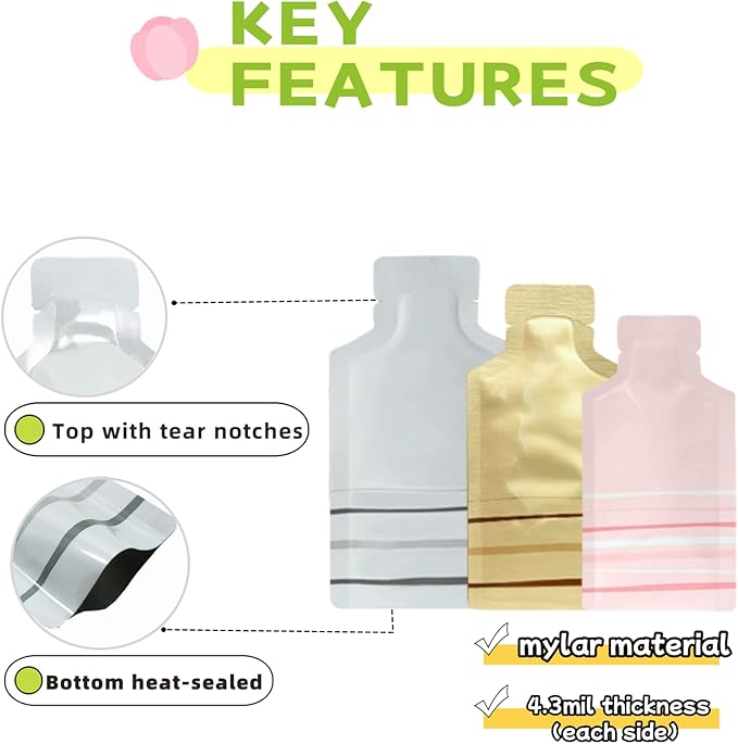 100 Pack 2.95x5.1 inch Heat Seal Sample Mylar Packets for Portable Travel Toiletries Empty Disposable Liquid Shampoo Pouch Single Serving Coffee Powder Condiments Food Storage (White)