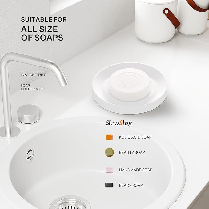 2 Pack Diatomite Soap Dish Holder, Quick Dry Stone Bar Holder, Water Absorbent Bath Dish Holder, Diatomaceous Earth Soap Tray for Hand Soap, Sponge Organizer, White