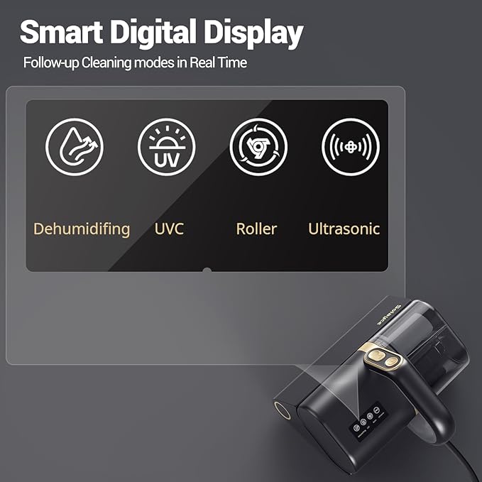 Bed Vacuum Cleaner, 16Kpa Suction 500W Powerful Double Cup Mattress Cleaner, Mattress Vacuum Cleaner with Dust Sensor, Ultrasonic & Heating Tech, HEPA Filter（Corded）