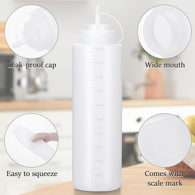 Condiment Squeeze Bottles Ketchup Dispenser, 4 Pack 32oz Squeeze Bottles for Liquids, Plastic Sauce Bottle with Cap Lid, Squirt Bottles for Sauces Liquids BBQ Dressing Pancake Art