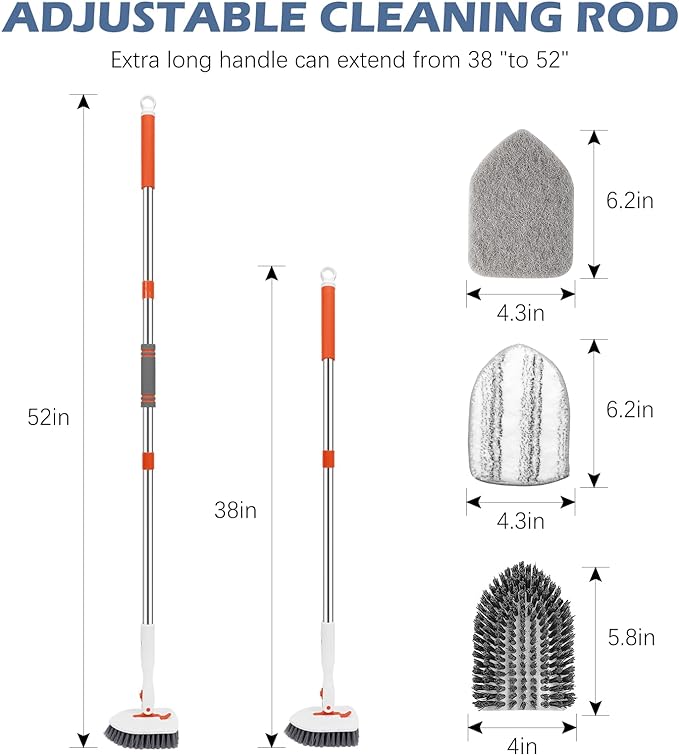 SetSail Floor Scrub Brush, 3-In-1 Tile Tub Floor Scrubber with 52-inch Adjustable Long Handle Shower Cleaner and 3 Detachable Replacement Brush Heads for Cleaning Bathroom Kitchen Walls Tub Tile