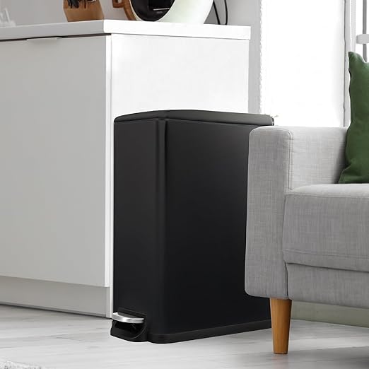 Arlopu 13.2 Gal Slim Kitchen Trash Can with Lid, 50L Stainless Steel Garbage Can, Large Kitchen Rubbish Can, Step Trash Bin w/Foot Pedal and Inner Bucket, Bathroom Trash Can Airtight (Black)