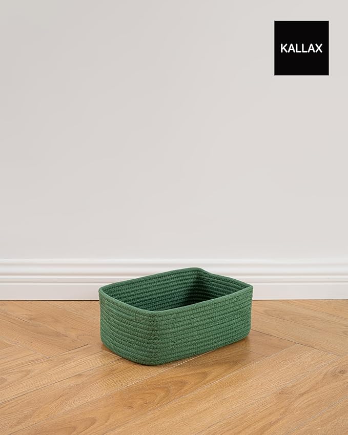 Small Woven Basket, 12 x 8 x 4.5 Inches, Storage Basket for Organizing, Cute Small Rope Shelf Closet Cube Storage Bins Baskets for Shelves, Dog Toy Gift Baskets Empty, 3 Packs, Green