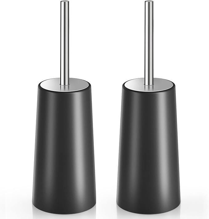 Toilet Brush and Holder, 2 Pack Toilet Brush with 304 Stainless Steel Long Handle, Toilet Bowl Brush for Bathroom Toilet-Ergonomic, Elegant,Durable (Black)