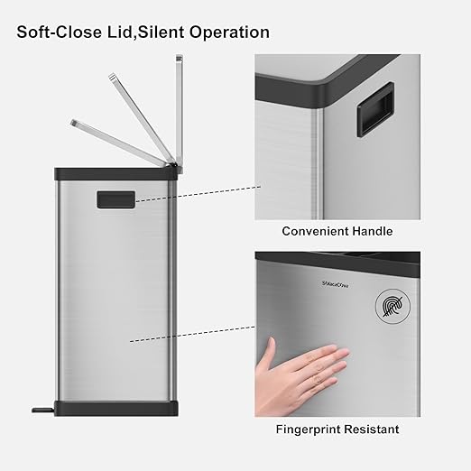 Kitchen Trash Can, 2 x 8 Gallon (2 x 30 L) Dual Trash Can, Garbage Can for Kitchen, Trash and Recycle Bin Combo, Fingerprint Resistant, Soft-close Lid,Odor-Proof and Brushed Stainless Steel