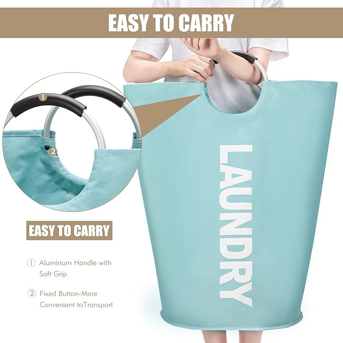 DOKEHOM 90L Large Laundry Basket, Collapsible Laundry Bag, Freestanding Tall Clothes Hamper, Foldable Washing Bin (Light Blue)