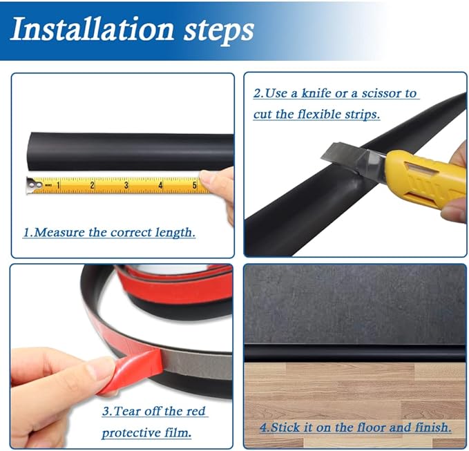 Floor Transition Strip Self Adhesive Carpet & Flooring Transitions Edging Trim Strip PVC Threshold Transitions Suitable for Threshold Height Less Than 5mm (6.56Ft, Black)