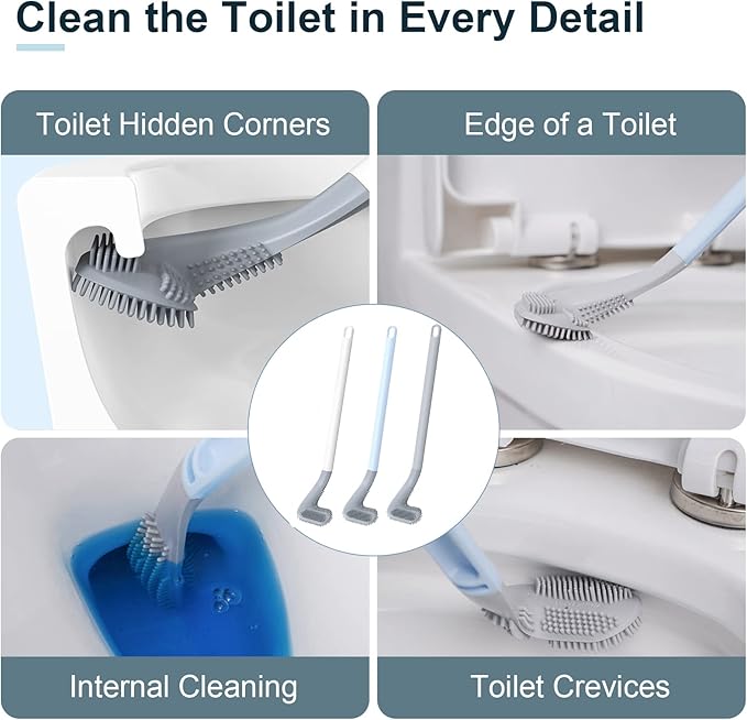 Golf Toilet Brush, Toilet Cleaning Brush, Flexible Bendable Silicone Long Handled Toilet Brush, 360° Deep Toilet Bowl Cleaning Brush,Quick Drying Toilet Brush for Bathroom with a Hook (Gray)